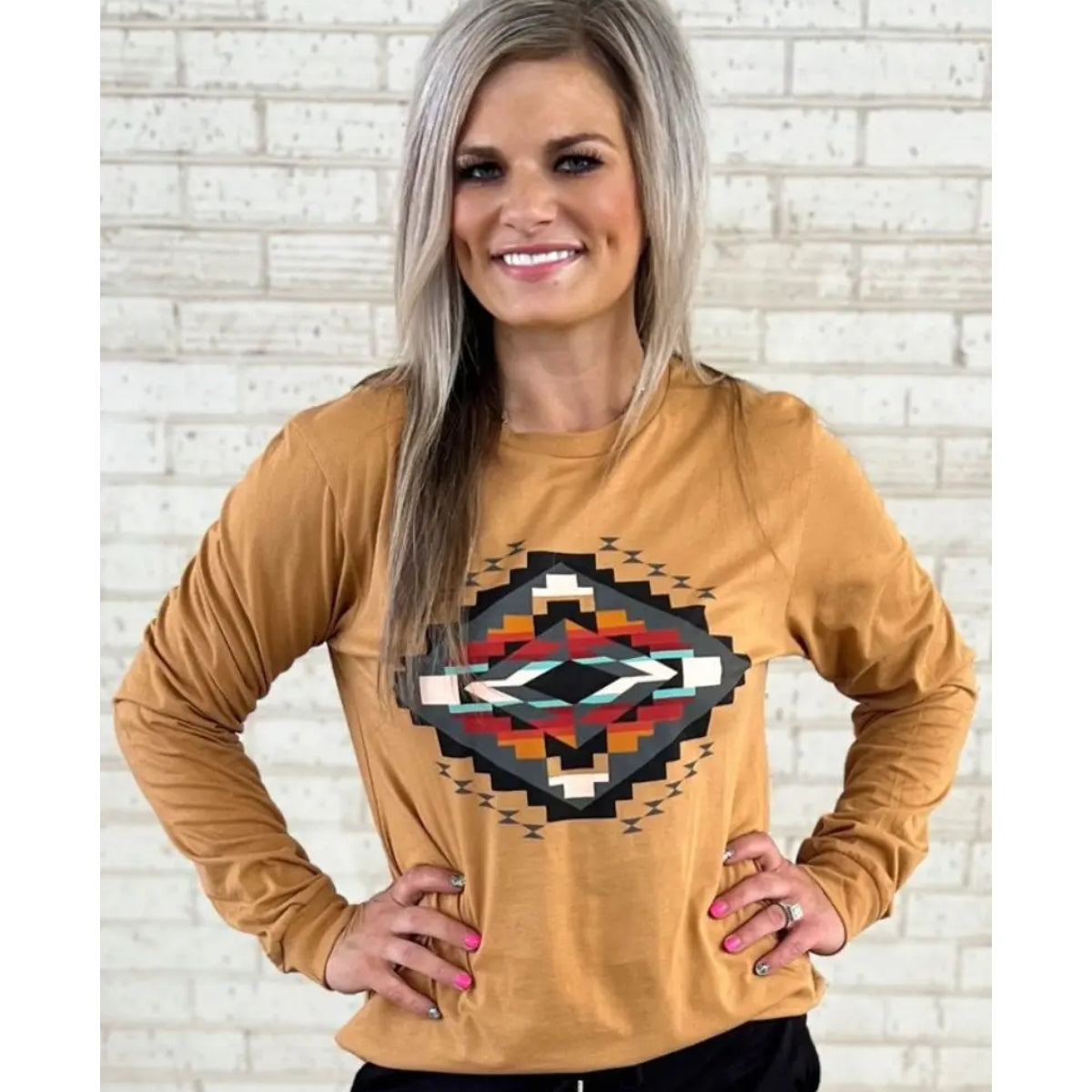 Fall Sunset Aztec Mustard Long-Sleeve Top