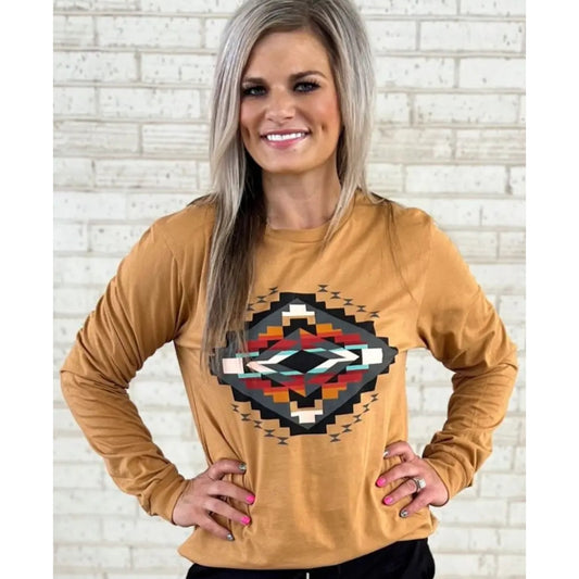 Fall Sunset Aztec Mustard Long-Sleeve Top