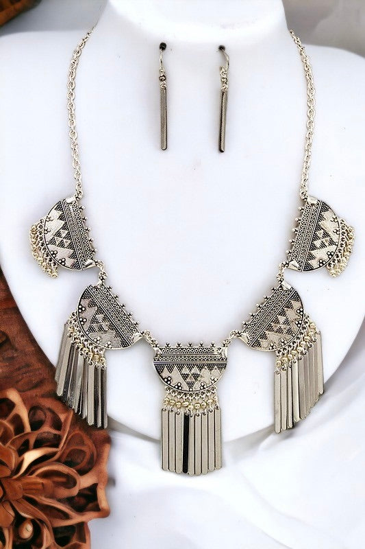 Metal Aztec Tribal Necklace/Earrings Set
