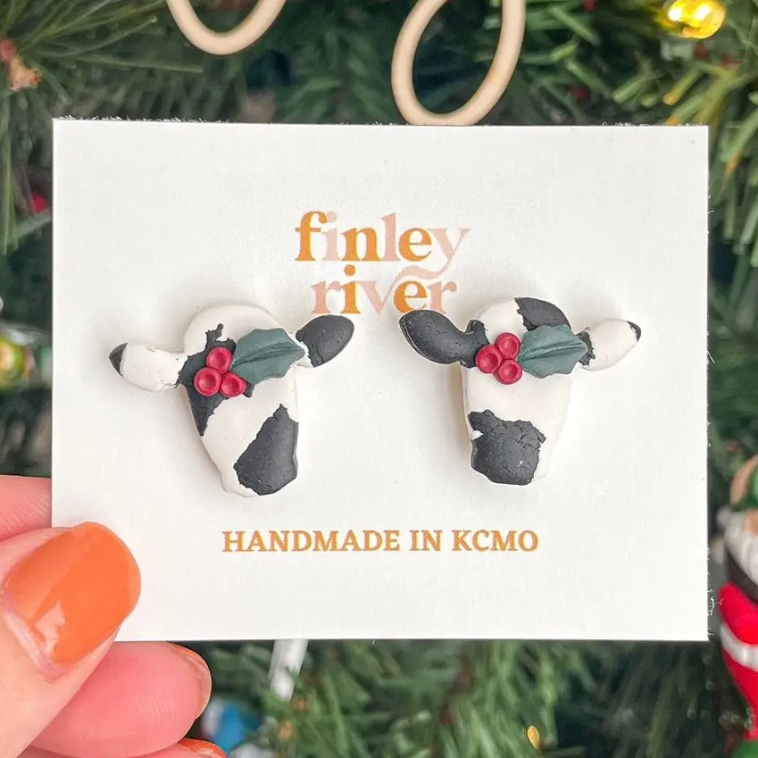 Christmas Cow Clay Stud Earrings