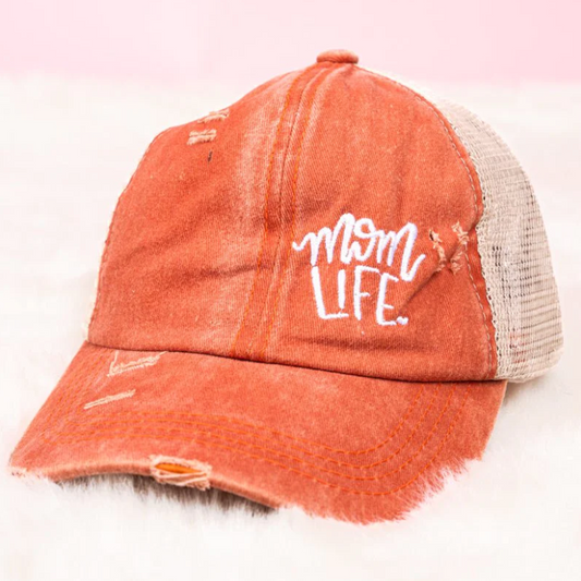 Mom Life Orange Distressed Cap