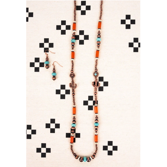 Copper Cactus Orange and Howlite Necklace/Earrings Set
