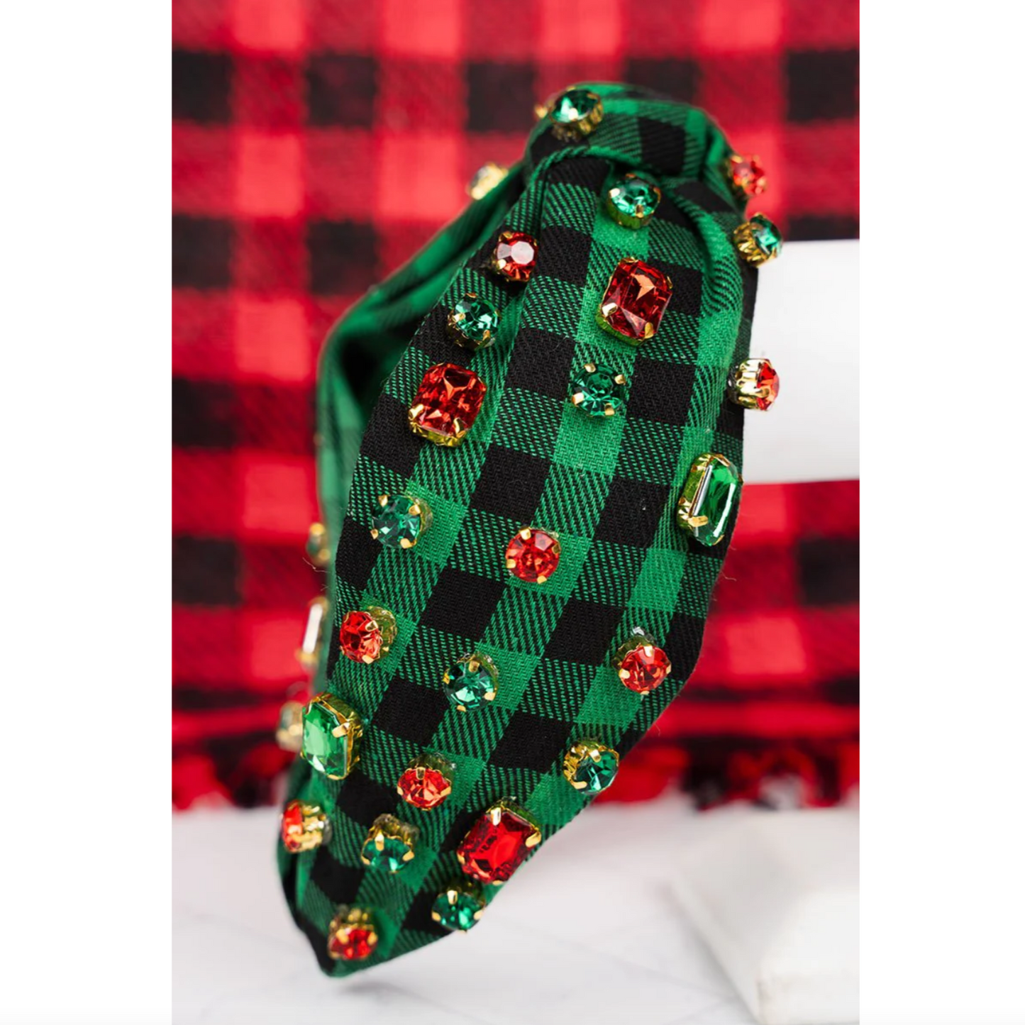 Sparkling Holiday Green/Black Checked Knotted Headband