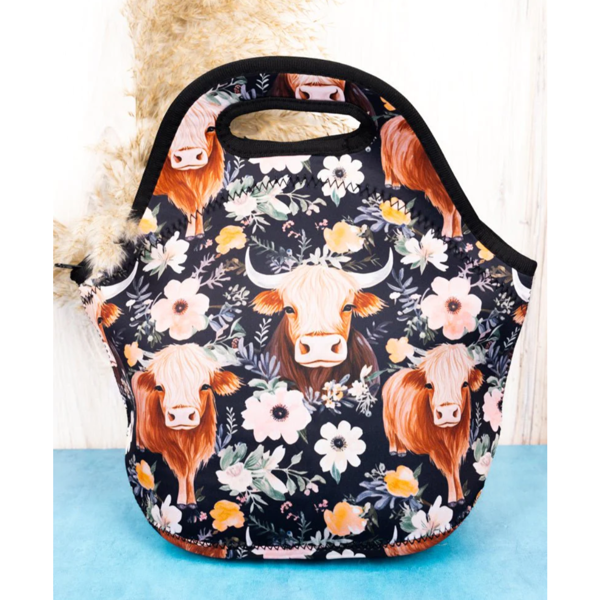 Weekday Date Neoprene Lunch Tote - Midnight Highland Cow