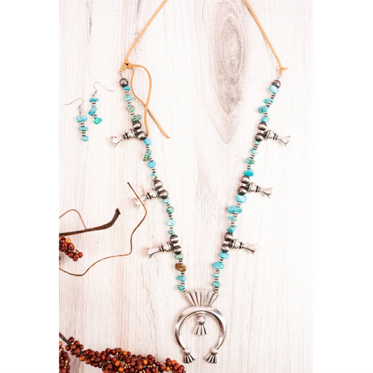 Chip Creek Turquoise/Silver Squash Blossom Necklace/Earrings Set
