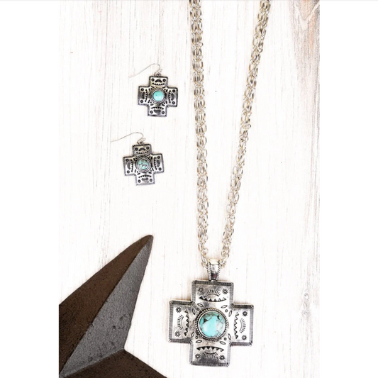 Welcome To Houston Turquoise/Silver Necklace Earrings Set