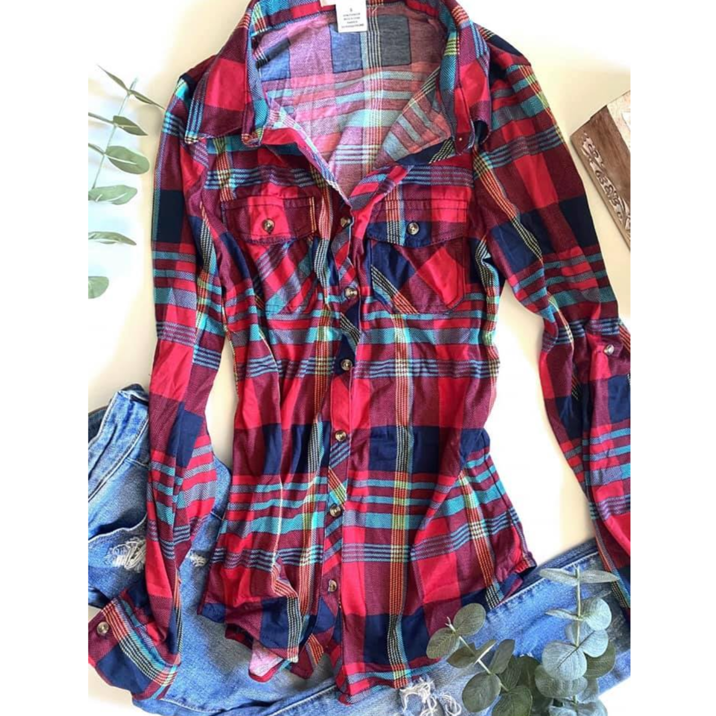 Red/Navy Plaid Button-Down Top