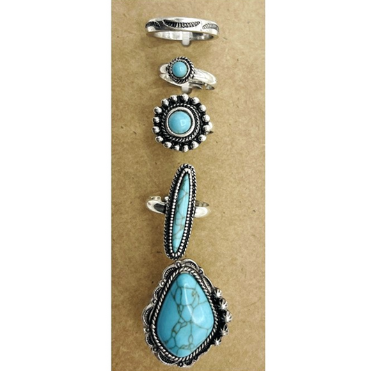 Synced Harmony Silver/Turquoise 5-Piece Ring Set