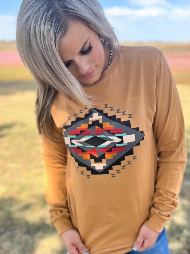 Fall Sunset Aztec Mustard Long-Sleeve Top