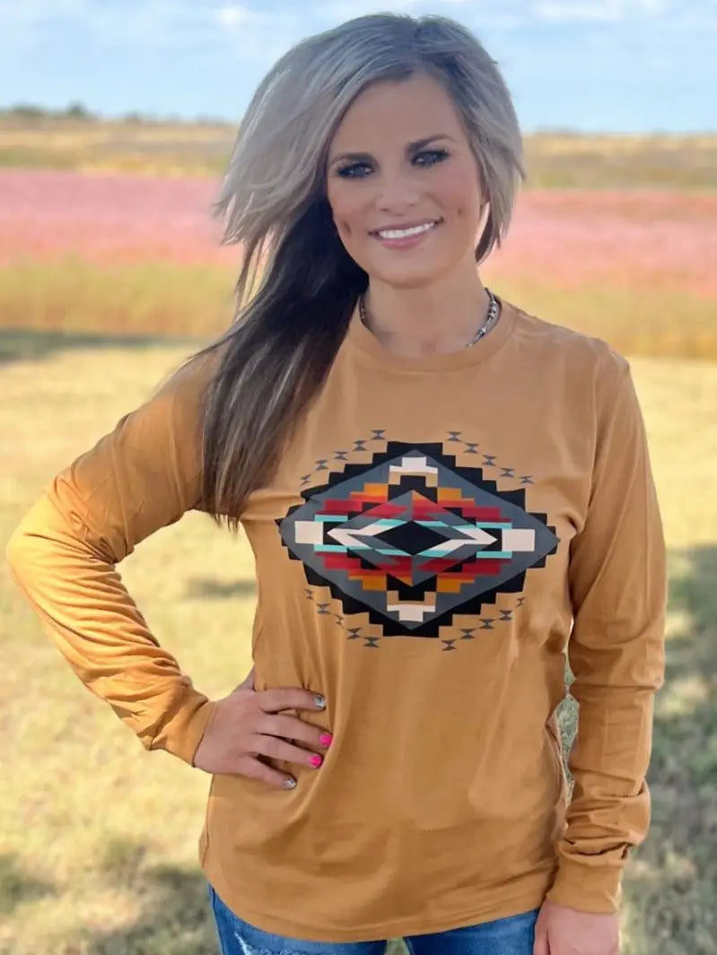 Fall Sunset Aztec Mustard Long-Sleeve Top