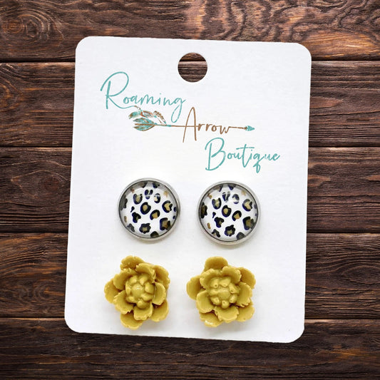 Mustard Flower and Silver/Leopard Stud Earring Set