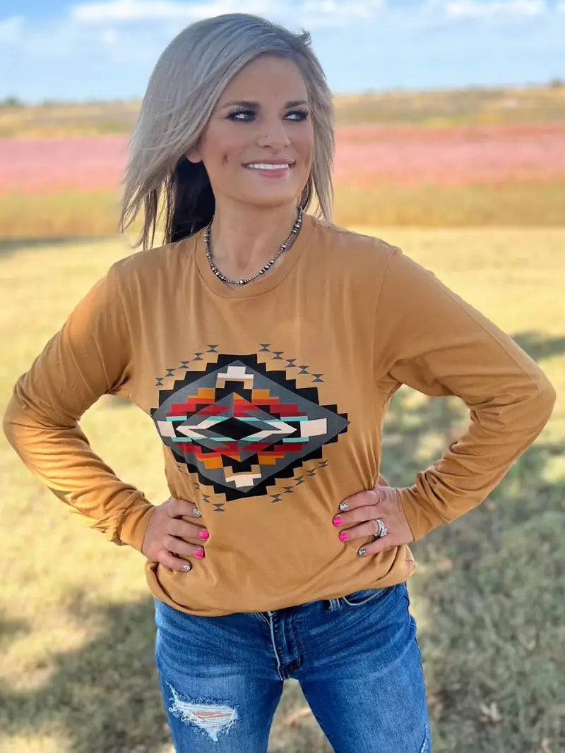 Fall Sunset Aztec Mustard Long-Sleeve Top