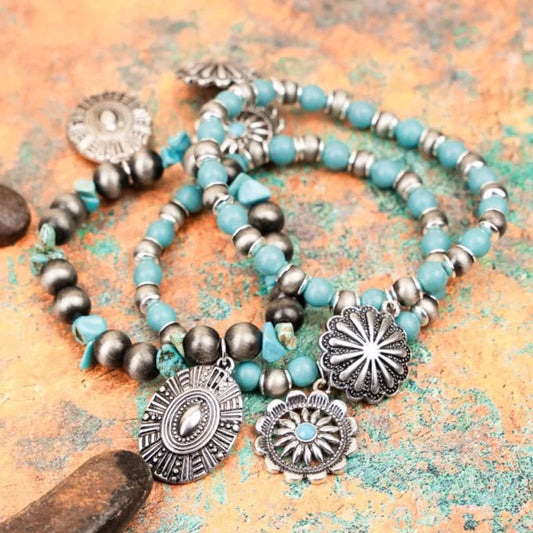 Seaside Trip Turquoise/Silvertone 3-Piece Stretch Bracelet Set