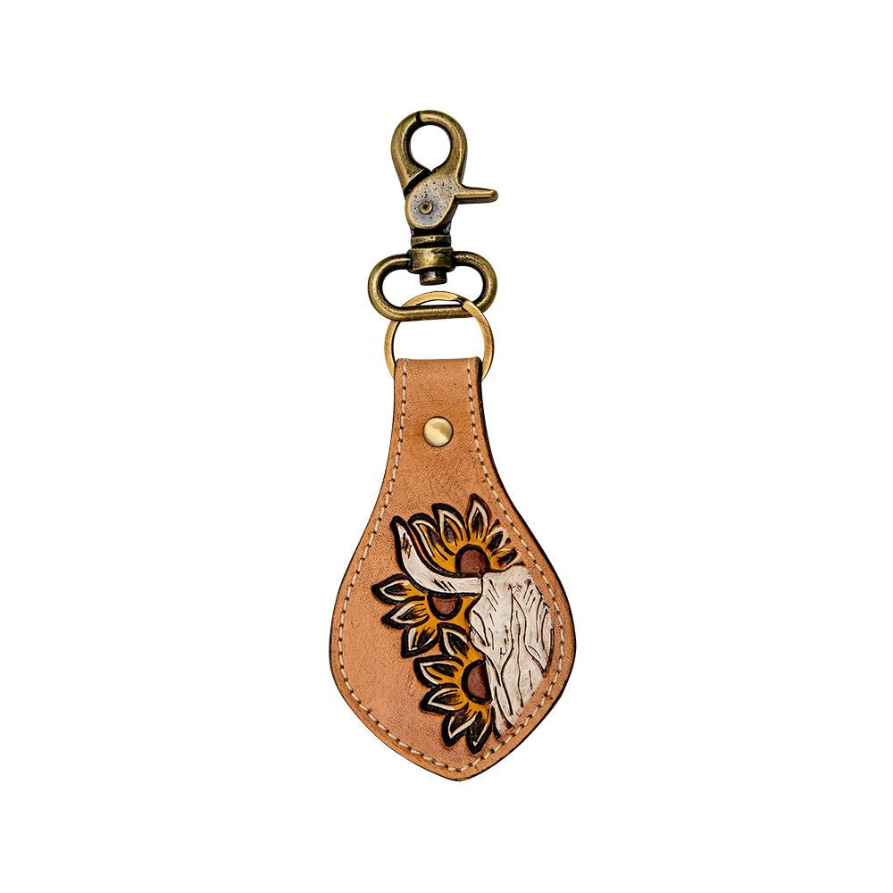 Sunflowers and Skull Tooled Leather Keychain