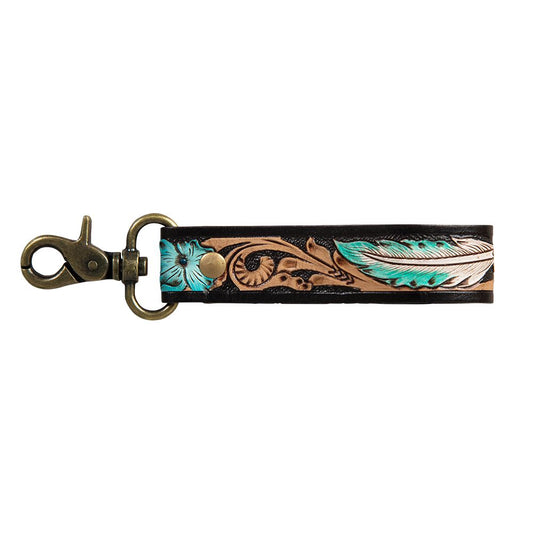Floating Feather Black/Turquoise Tooled Leather Keychain Strap