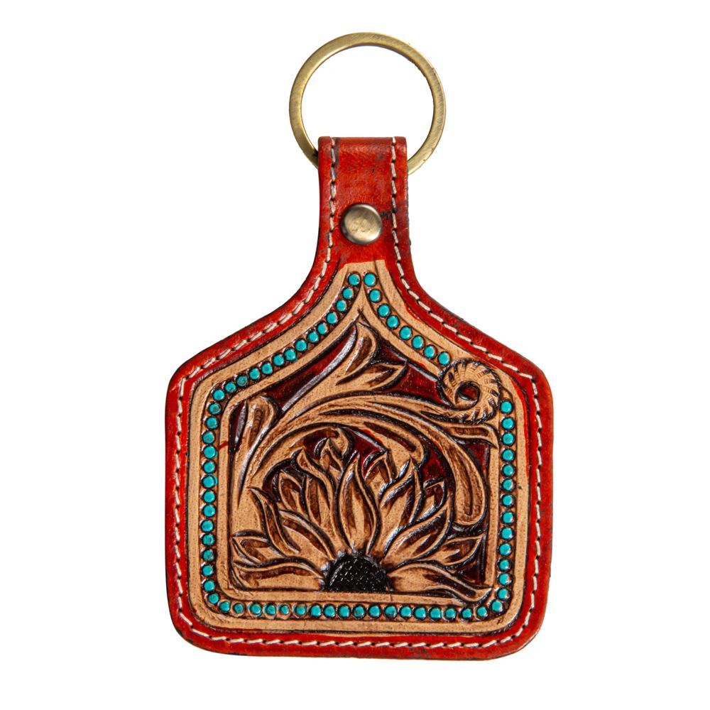 Sunflower Red/Turquoise Tooled Leather Keychain