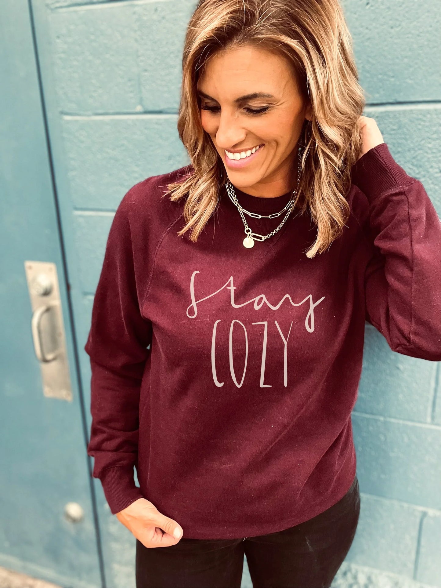 Stay Cozy French Terry Raglan Sweatshirt - Merlot