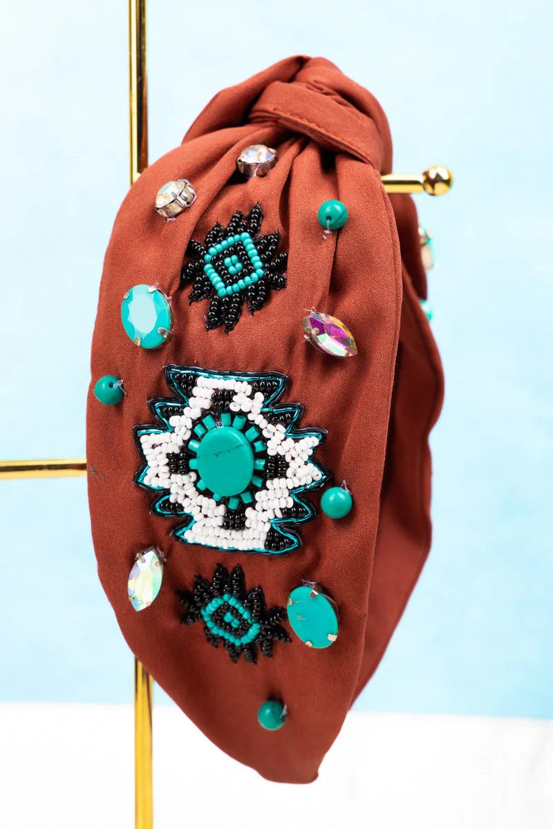 Here In Dodge City Brown/Turquoise Knotted Headband