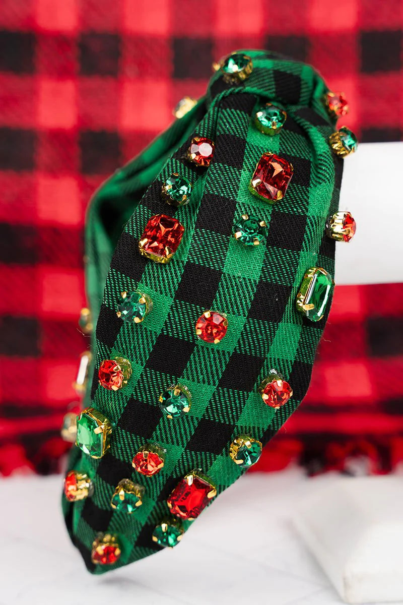 Sparkling Holiday Green/Black Checked Knotted Headband