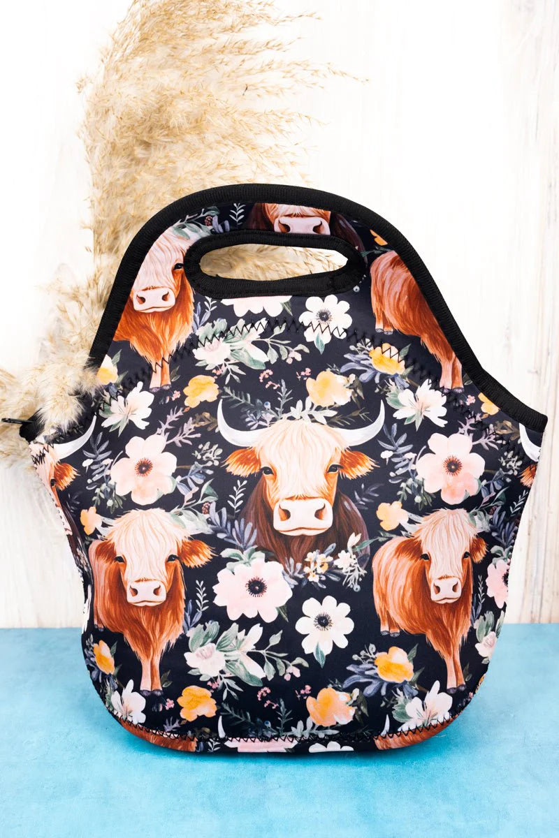 Weekday Date Neoprene Lunch Tote - Midnight Highland Cow