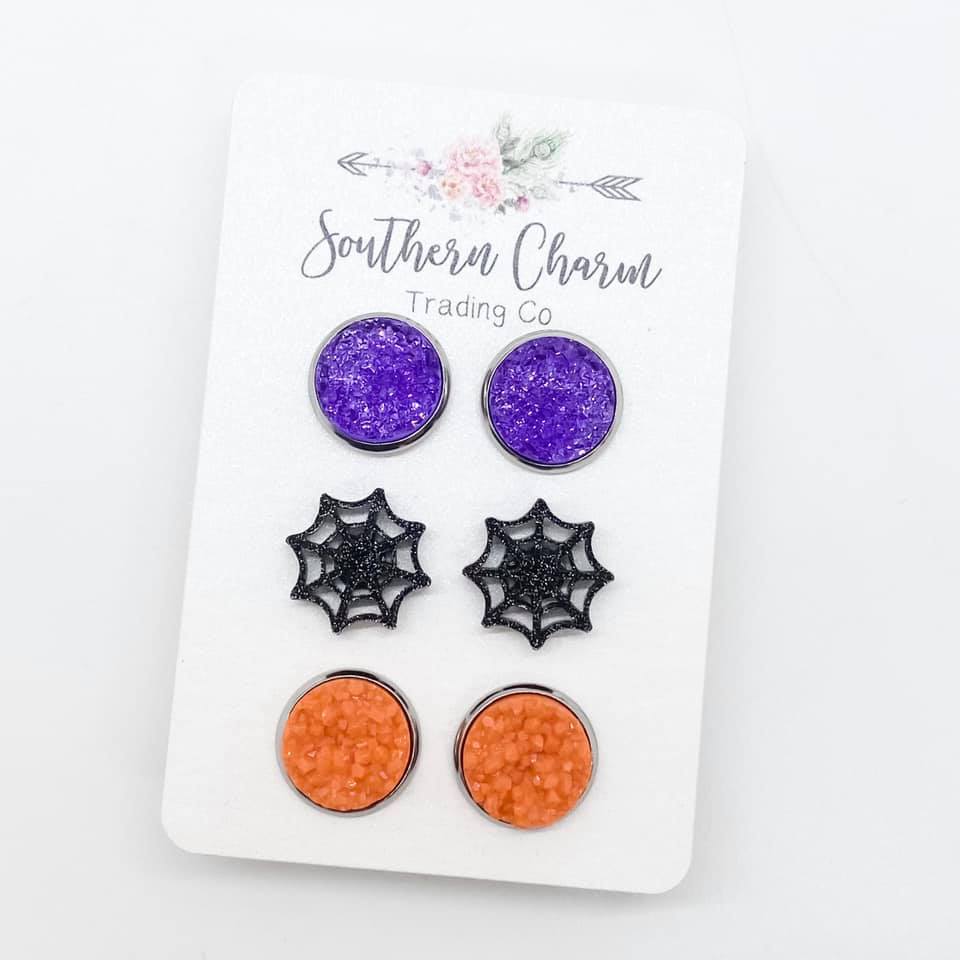 Spider Web with Purple and Orange Druzy Stud Earrings Set