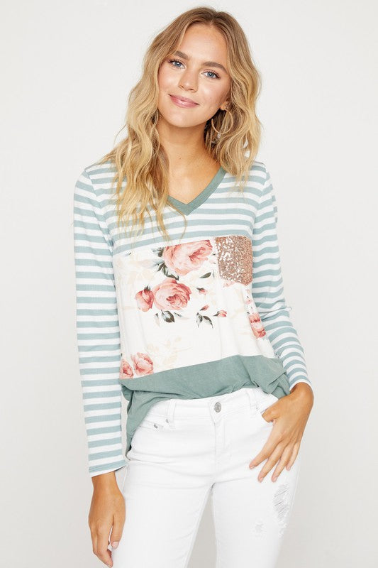 Mint To Be Floral and Striped Sequin Pocket Top