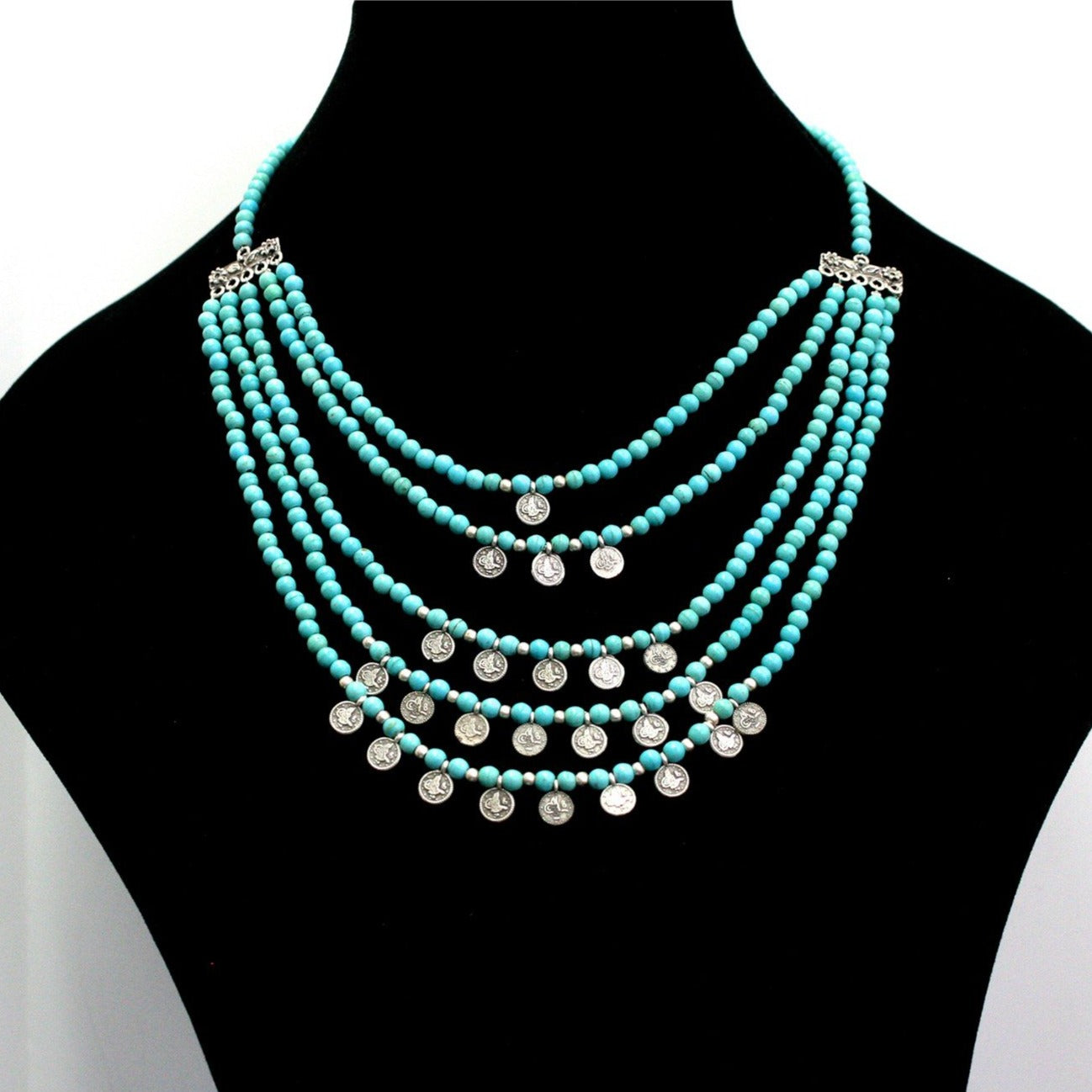 Pewter Coin and Turquoise Layered Necklace