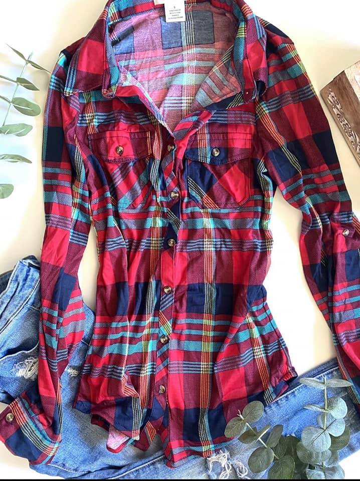 Red/Navy Plaid Button-Down Top