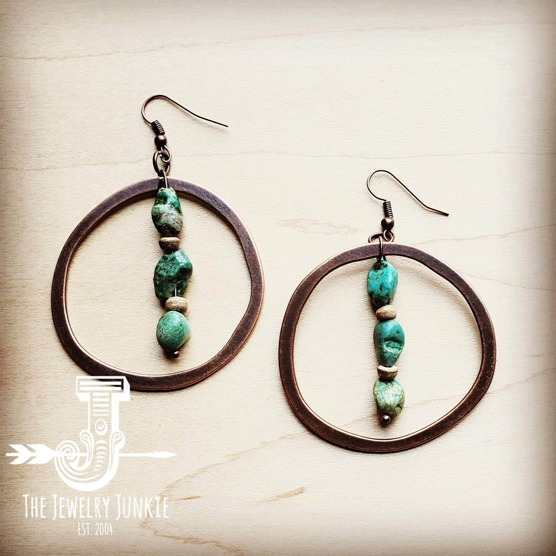 Turquoise/Wood Copper Hoop Earrings