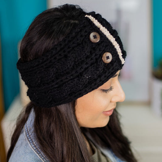 Buttoned and Laced Knit Head Wrap - Black