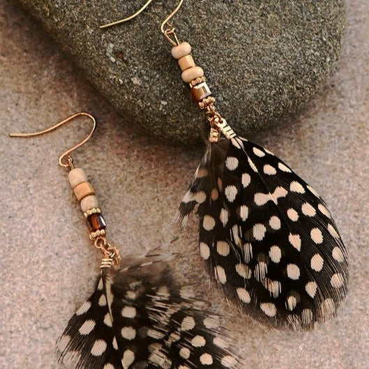 Fly Away Black and White Feather Polka Dot Earrings