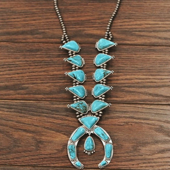 Wherever You Go Turquoise and Silver Squash Blossom Necklace