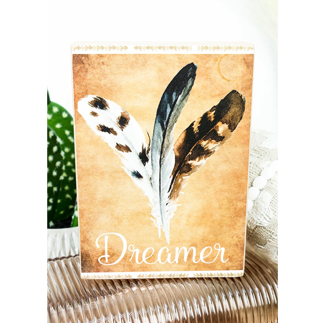 Feathered 'Dreamer' Wood Box Sign
