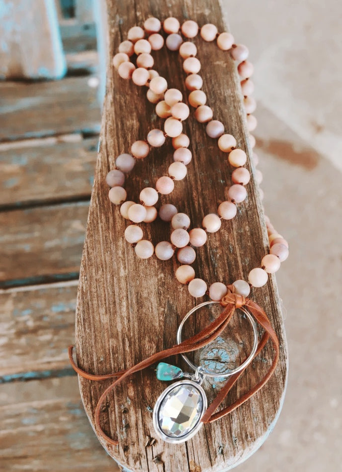 Just Peachy Druzy, Leather and Crystal Necklace