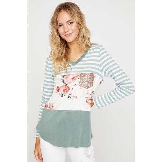 Mint To Be Floral and Striped Sequin Pocket Top