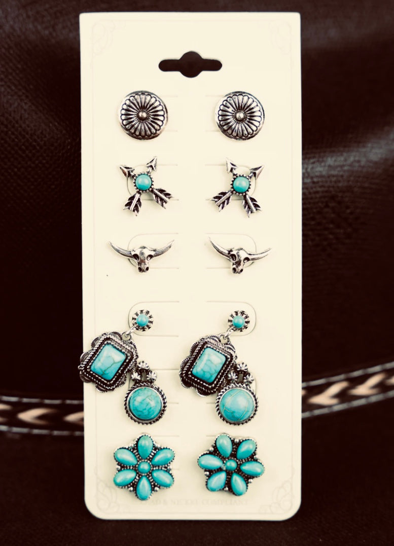 Rodeo Days Turquoise/Silver 6 Pair Stud Earrings