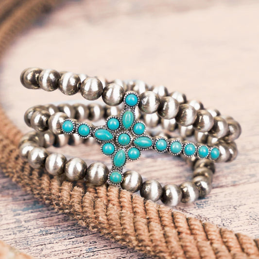 True To You Turquoise/Silver Cross Stretch Bracelet