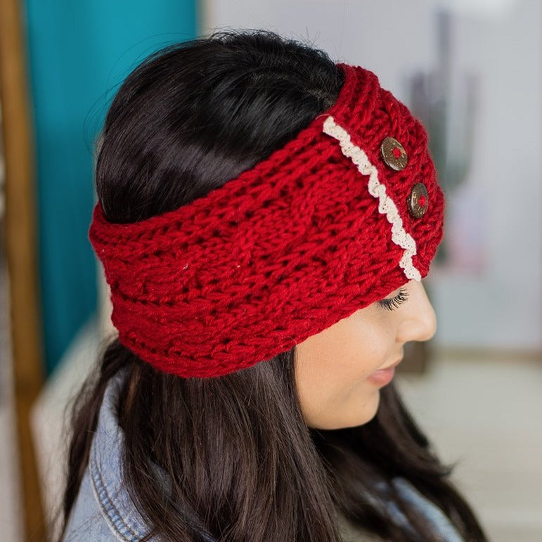 Buttoned and Laced Knit Head Wrap - Red