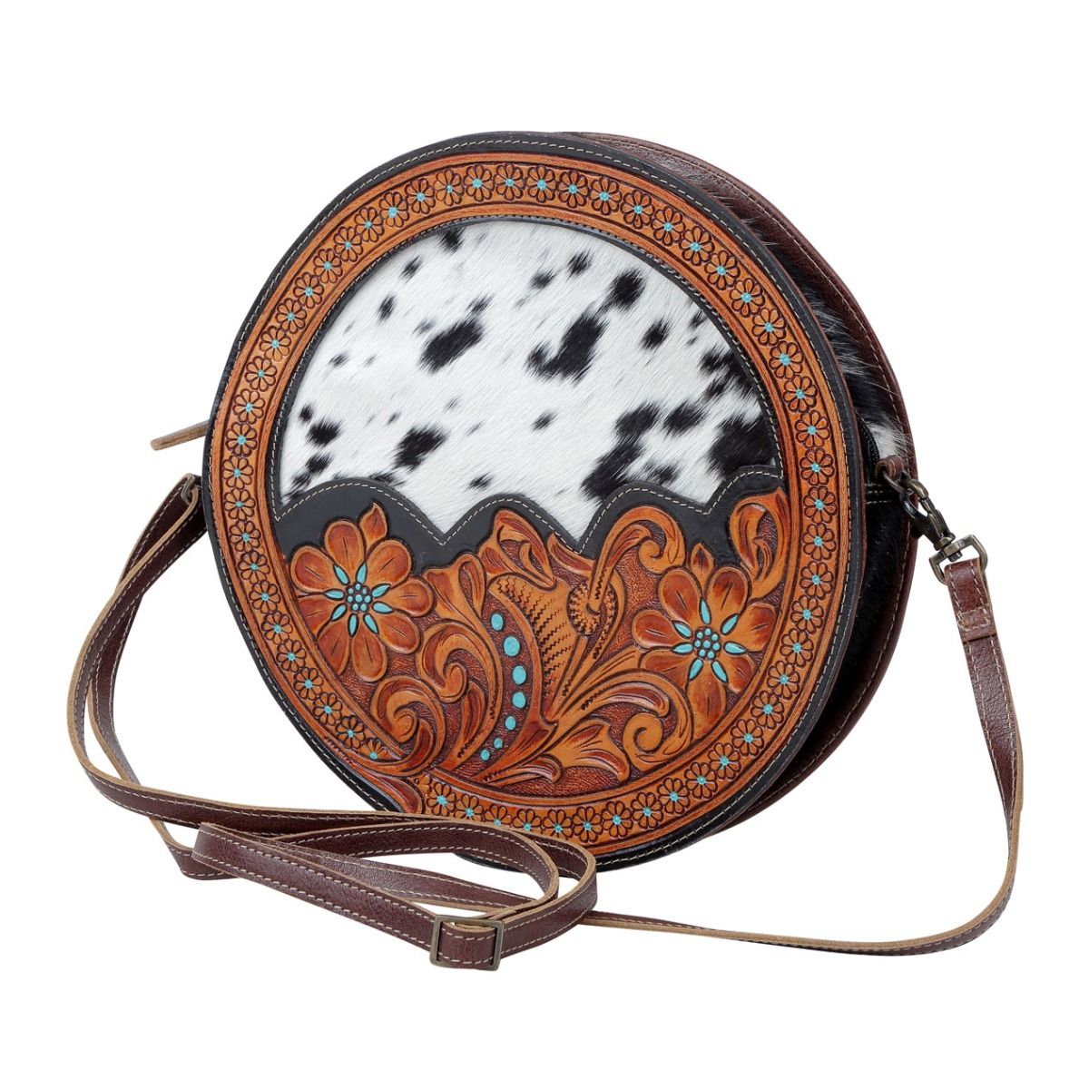 Cattle Drive Tooled Leather/Hair-On Round Purse