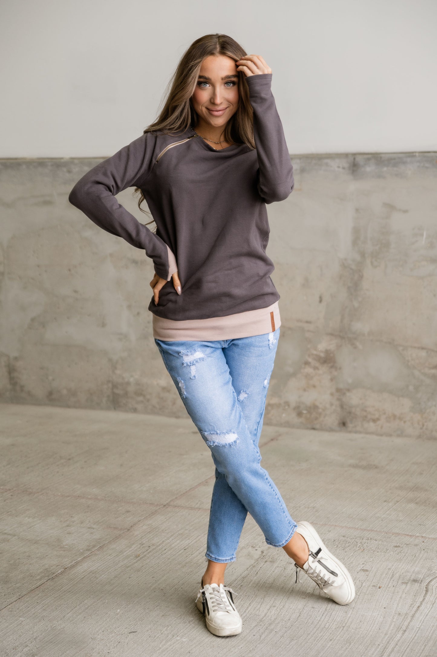 Dusty Mauve & Charcoal Ampersand Ave Sidezip Pullover